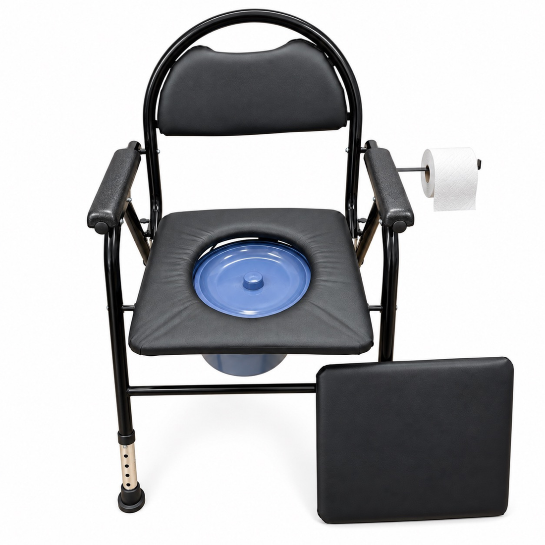 Angel Mobility Folding Commode Chair with Removeable Commode Bucket and Hygienic Lid Cover, Comfortable Padding, Height Adjustable, Bedside Toilet Chair, for Senior, Elderly and Disabled