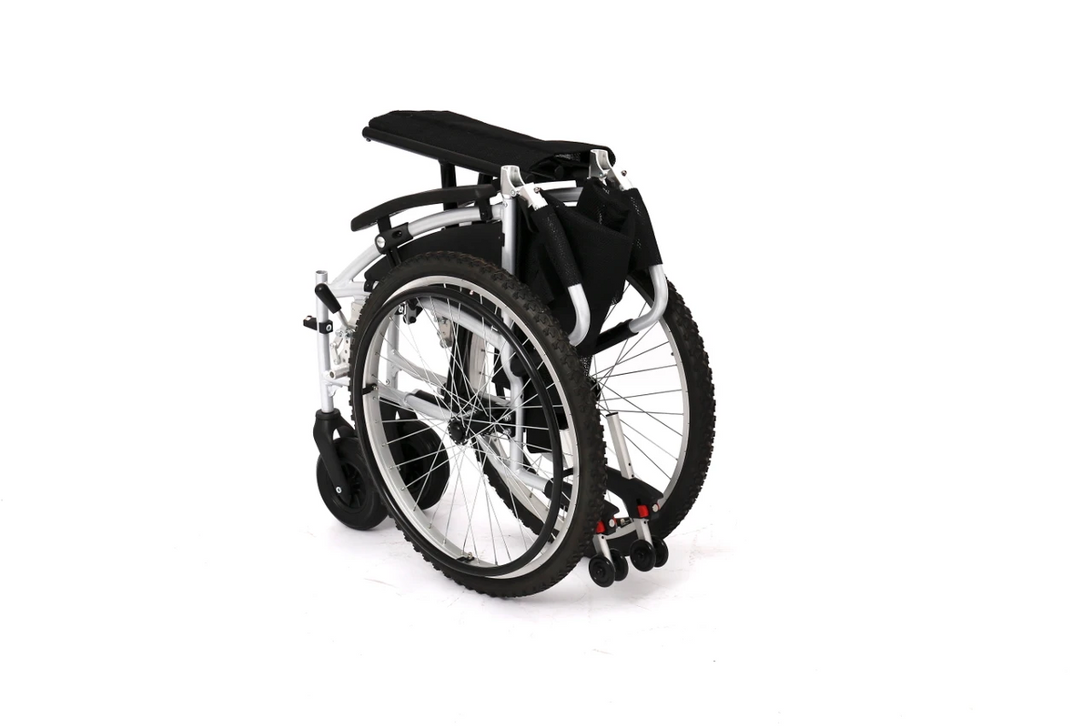All Terrain, Lightweight, Folding, Manual Self Propelled Aluminium Wheelchair, 24 Inch Mountain Bike Style Pneumatic Tyres, Easy Compact Folding Black Frame, Weighs Just 12.5kg, 18 inch Seat